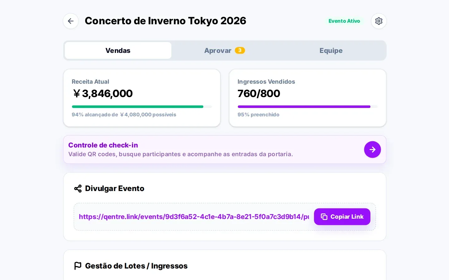 Organizer dashboard in QEntre: ¥3,846,000 in revenue, 760 of 800 tickets sold (95%) and a shortcut to check-in control