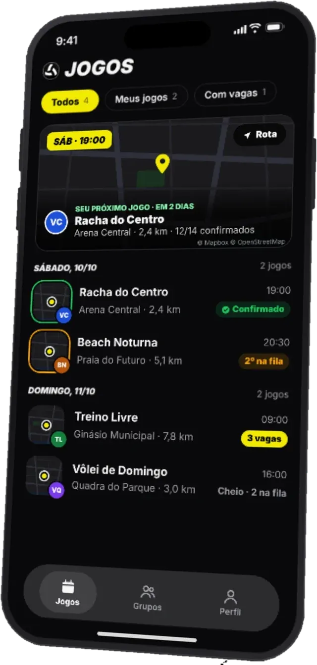 Yoteiball “Games” screen: the next game on the map and the list of games with spots and waitlist
