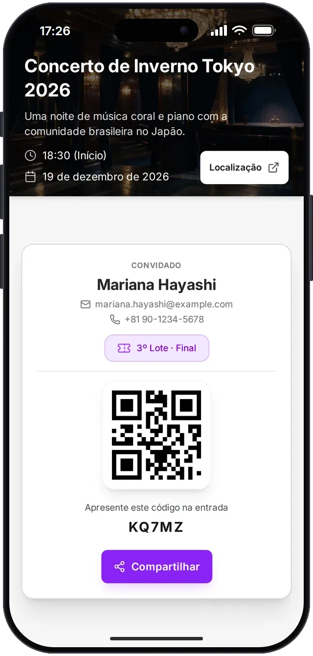 Digital ticket on a phone, with a QR code, guest name, ticket batch and code, ready to be scanned at the entrance
